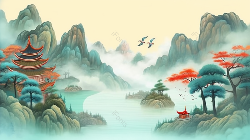 国潮风黄鹤楼地标建筑山水比翼双飞的鸟儿飞过插画,插画/手绘图,插画/手绘图库,插画/手绘图下载,插画/手绘